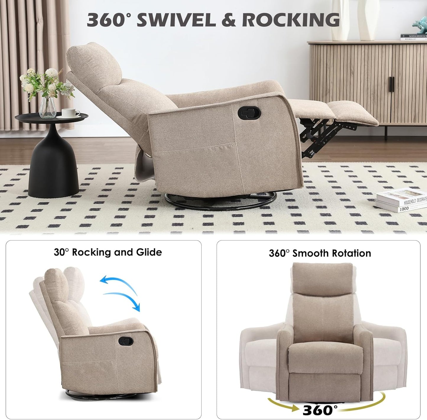 Trustyue Swivel Rocker Recliner Chair, 360° Swivel Recliner with Heat and Massage, Rocker Recliner Nursery Glider Chair with Side Pockets for Living Room (Beige, Fabric)