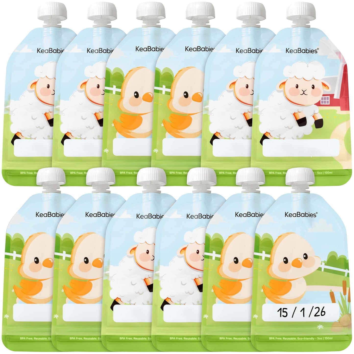 12-Pack Reusable Baby Food Pouches Refillable – 5oz Reusable Pouches for Toddlers, Kids Squeezable Yogurt, Apple Sauce, Fruit Smoothie, Baby Puree Container, Homemade Baby Food Essentials (Lil Barn)