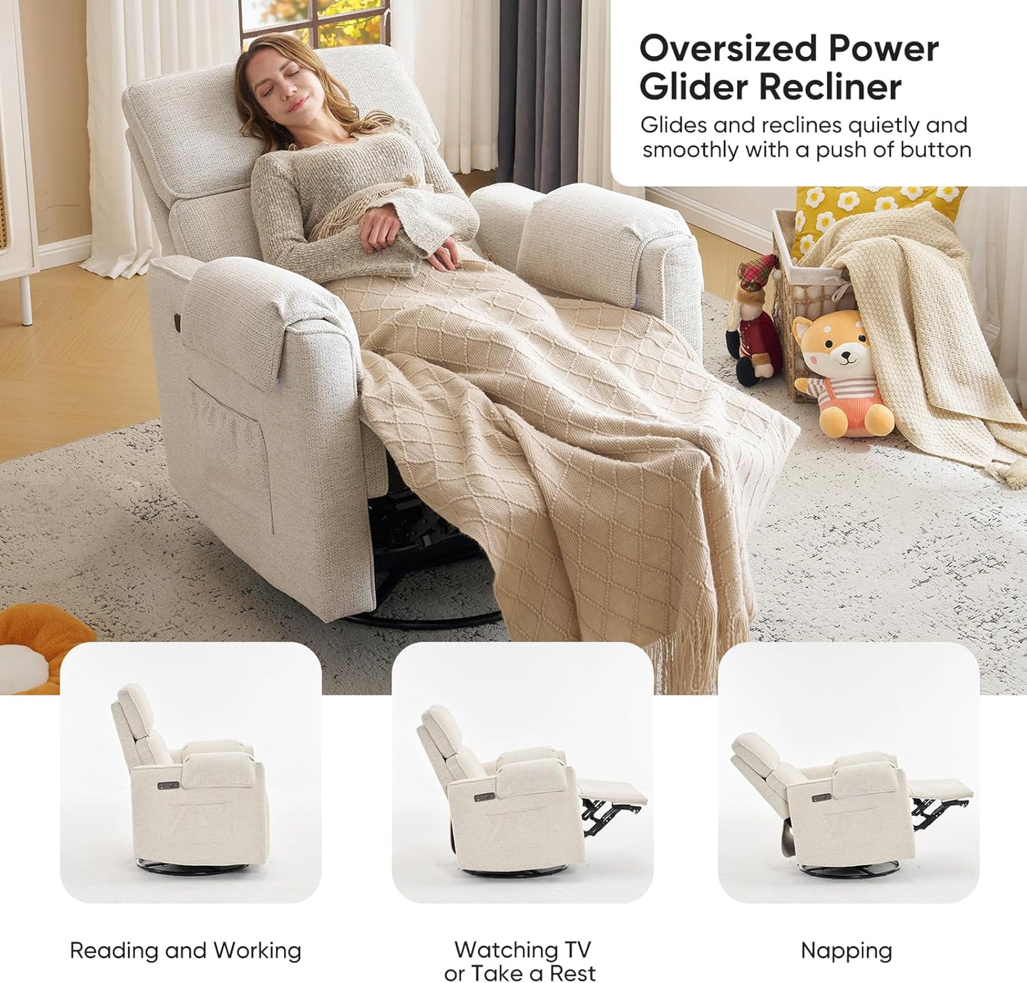 Oversized Power Rocker Recliner Chair, 26" Extra Wide Swivel Recliner with Adjustable Headrest, Chenille Glider Rocking Nursery Chair with Overstuffed Armrest, USB Ports, Cream