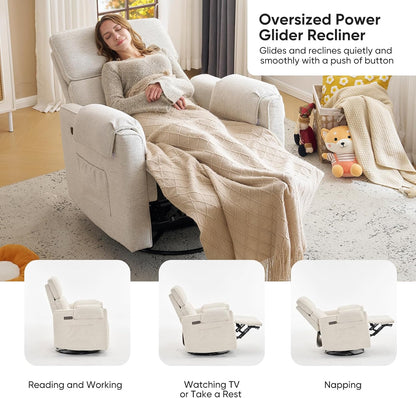 Oversized Power Rocker Recliner Chair, 26" Extra Wide Swivel Recliner with Adjustable Headrest, Chenille Glider Rocking Nursery Chair with Overstuffed Armrest, USB Ports, Cream