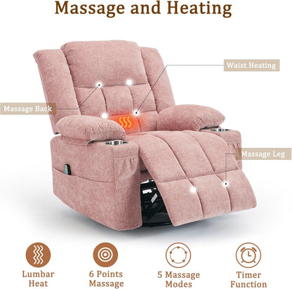 Korser 360° Swivel Rocker Recliner for Adults, Nursery Glider Recliner with Massage and Heating, Rocking Chair with Cup Holder, Manual Recliner Chair for Living Room, Bedroom (Fabric, Beige)