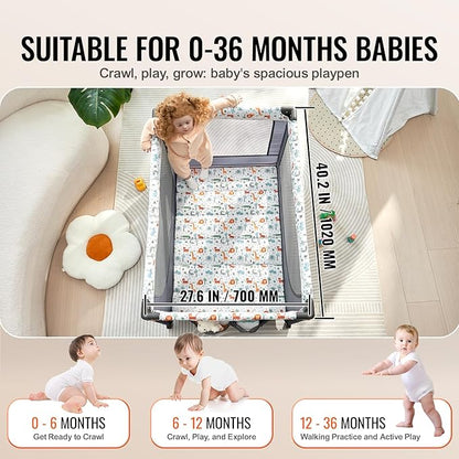 VEVOR Baby Travel Crib and Play Yard, Folding Baby Playpen with Soft Mattress Pad, Portable Toddlers Crib with Breathable Mesh and Travel Bag, Indoor/Outdoor Kid Activity Center for 0-36 Months Babies