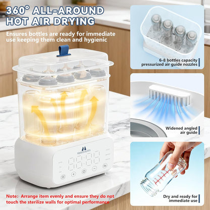 Mammy Bunny 3-in-1 Baby Bottle Sterilizer and Dryer – 6 Smart Modes with Fast Drying, Food Warmer & Storage – Fits 6–8 Bottles, Pacifiers & Pump Parts – BPA-Free