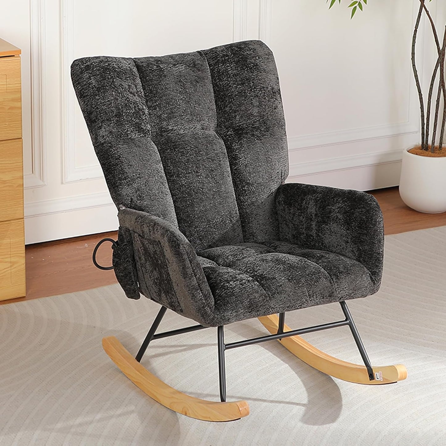 Rocking Chair Nursery with Airbag, Comfy Modern Nursery Rocking Reading Chair indoor with Footrest, Cozy Upholstered Glider Rocker Chairs for Living Room Bedroom Offices(Chenille, Dark Grey)