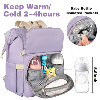 Jiefeike Diaper Bag Backpack,Purple Travel Backpack for Dad Mom Boys Girls,Insulated Pockets Portable Baby Nappy Bags RFID Anti-Theft Water-Resistant Pocket Stroller Straps