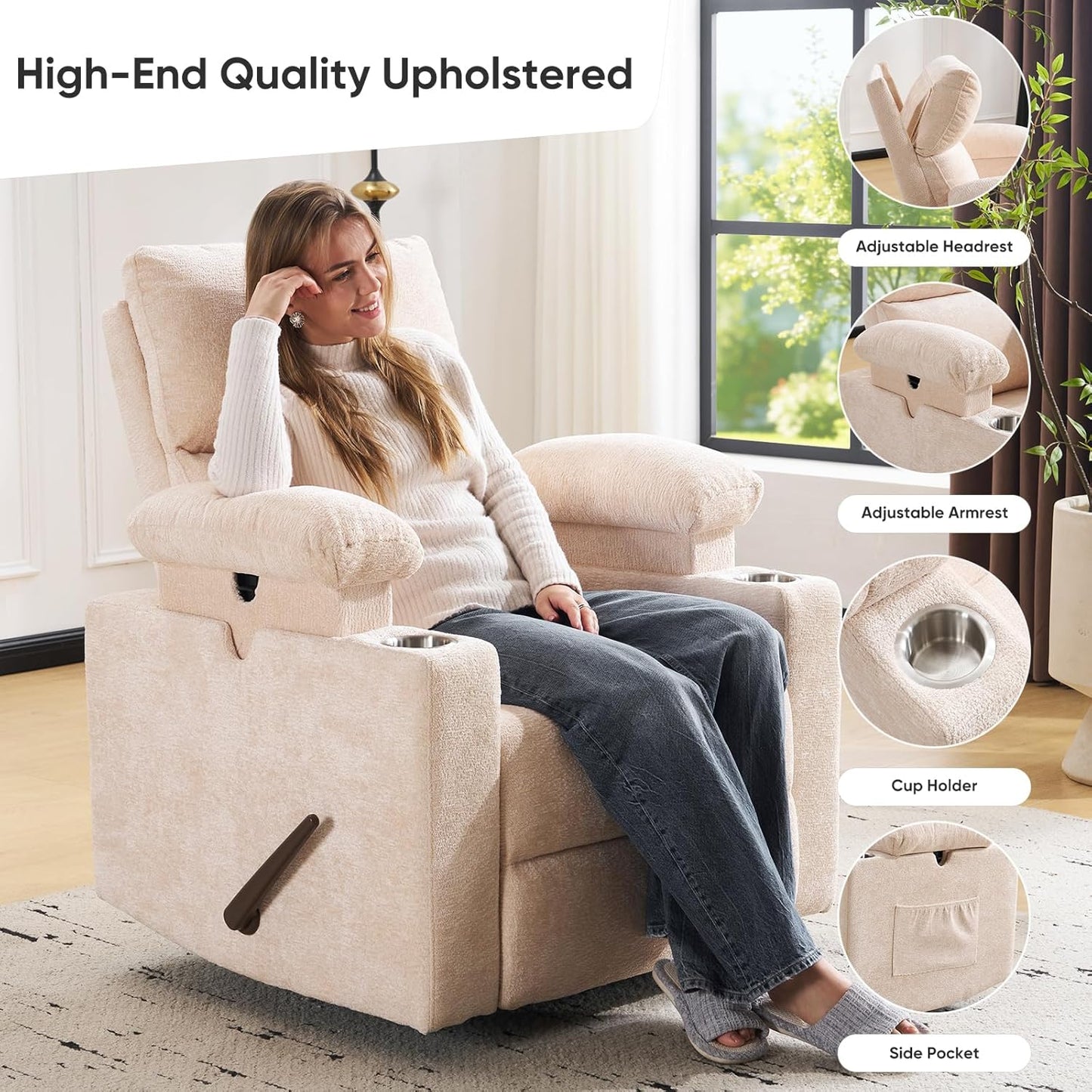 Rocking Chair Nursery with Adjustable Armrests, Electric Glider Recliner Nursing Chair for Breastfeeding, Power Swivel Recliner Chairs with Massage and Heat, Adjustable Headrest , FSC Certified, White