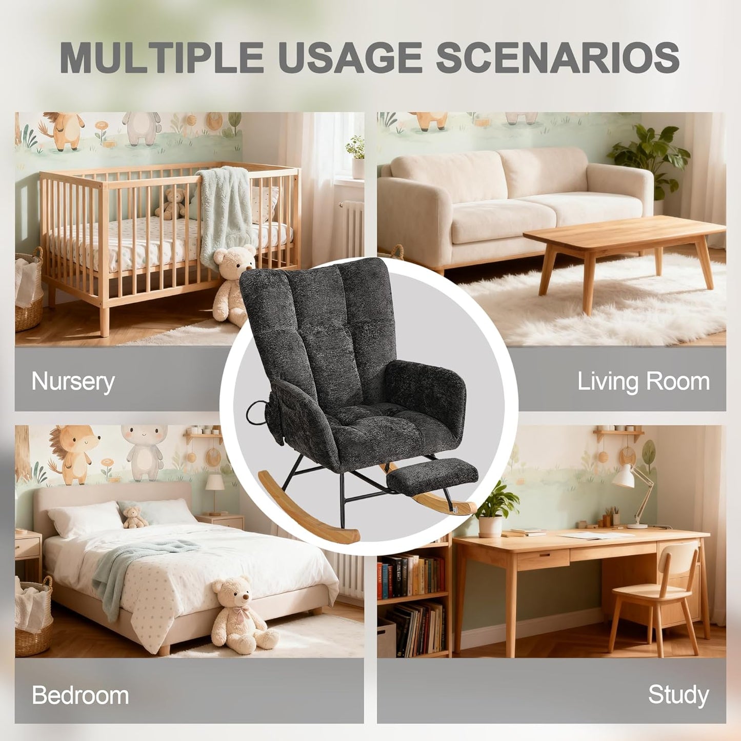 Rocking Chair Nursery with Airbag, Comfy Modern Nursery Rocking Reading Chair indoor with Footrest, Cozy Upholstered Glider Rocker Chairs for Living Room Bedroom Offices(Chenille, Dark Grey)