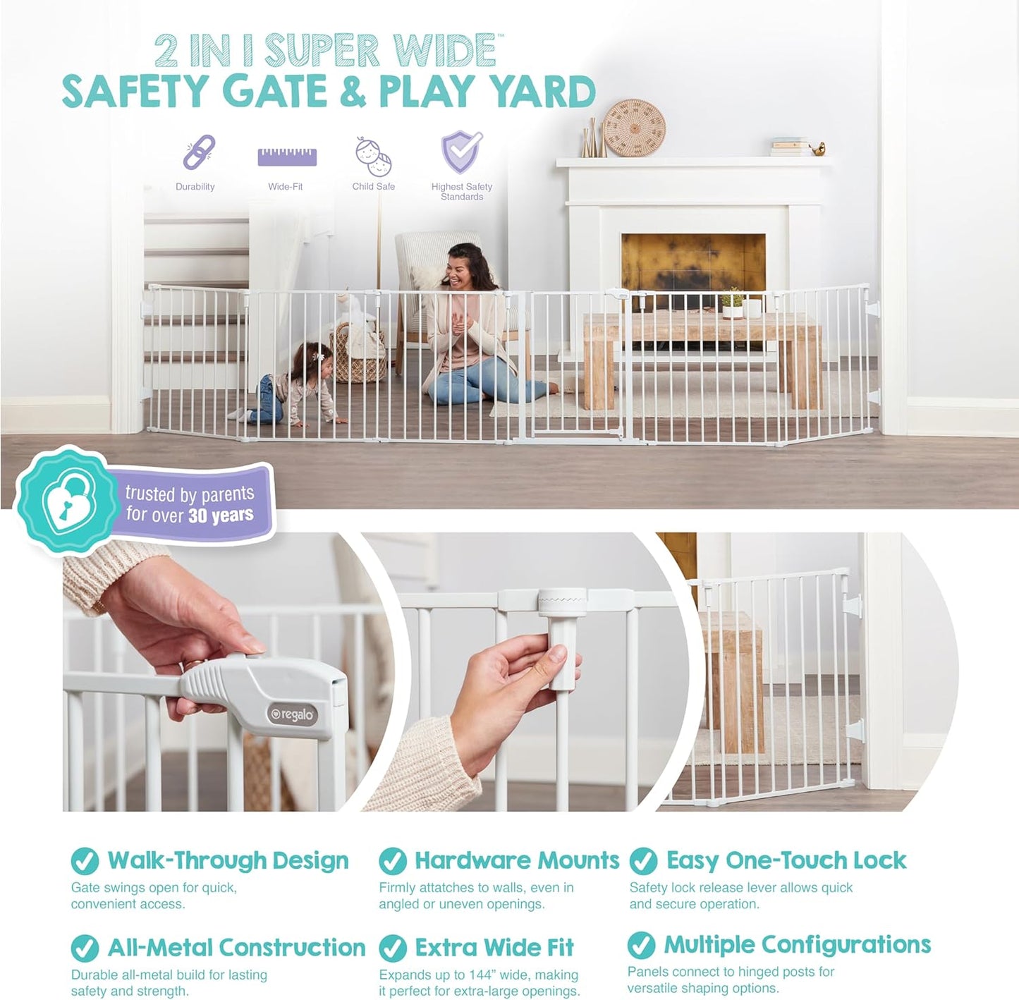 Regalo Safety 192" Super Wide Baby Gate & Play Yard, 2-in-1 Convertible Extra Wide Safety Barrier, Hardware Mounted for Toddlers & Pets, Tested & Safe for 30 Years, American Designed & Owned, White