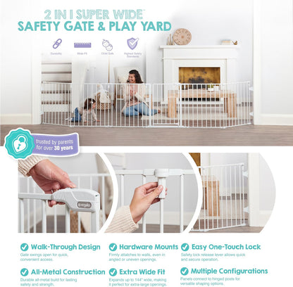 Regalo Safety 192" Super Wide Baby Gate & Play Yard, 2-in-1 Convertible Extra Wide Safety Barrier, Hardware Mounted for Toddlers & Pets, Tested & Safe for 30 Years, American Designed & Owned, White
