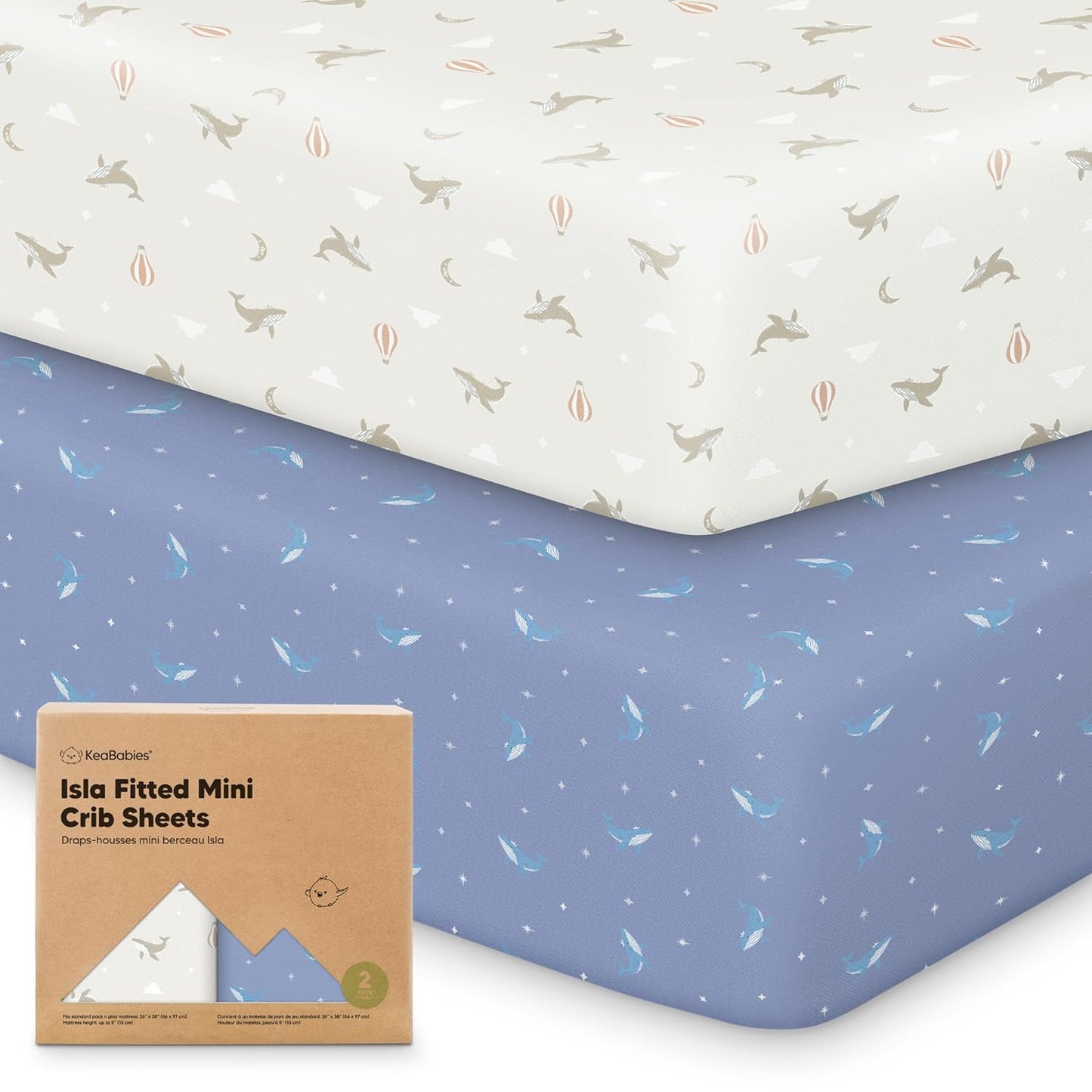 2-Pack Waterproof Pack and Play Sheets, Mini Crib Sheets Fitted for Boy, Girl - 38 x 26 Viscose from Bamboo Pack N Play Mattress Sheets for Graco, Toddler Playard Baby Crib Sheets Neutral (Blue Flax) - Colors A