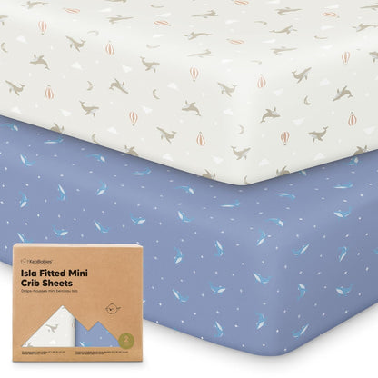 2-Pack Waterproof Pack and Play Sheets, Mini Crib Sheets Fitted for Boy, Girl - 38 x 26 Viscose from Bamboo Pack N Play Mattress Sheets for Graco, Toddler Playard Baby Crib Sheets Neutral (Blue Flax) - Colors A