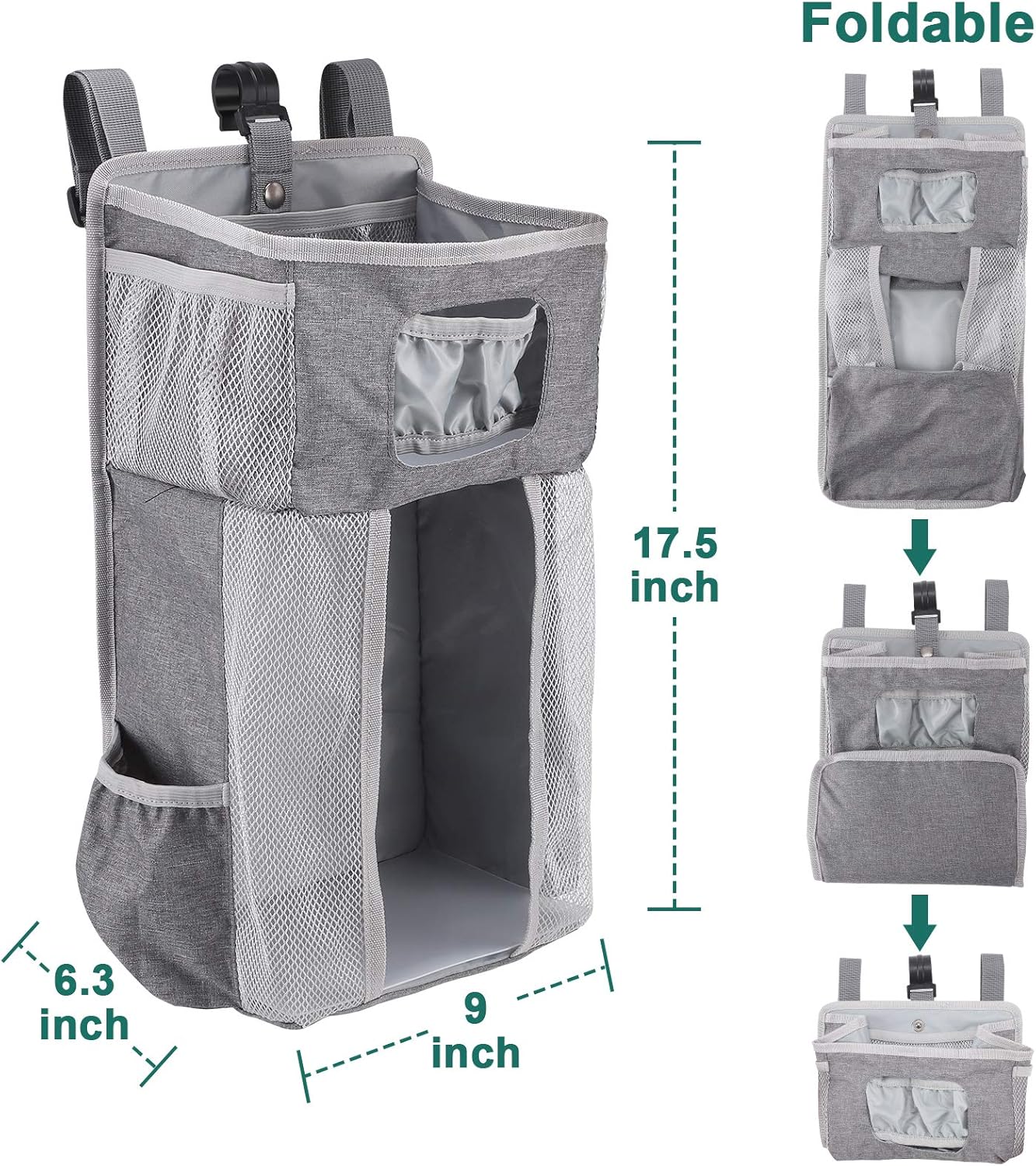 Accmor Hanging Baby Diaper Caddy Organizer, Diaper Stacker, Baby Crib Hanging Classified Storage Bag Organizer for Changing Table, Crib, Playard or Wall & Nursery Organization, Grey