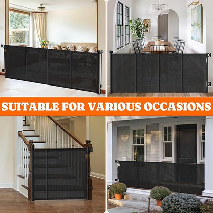 Pawtners Retractable Baby Gates Extra Wide, 41" Tall Extends up to 200" Wide, Dog Gate Indoor for Stairs, Pet Gate with Support Rods for Doorways Hallways Garage Indoor & Outdoor-Black