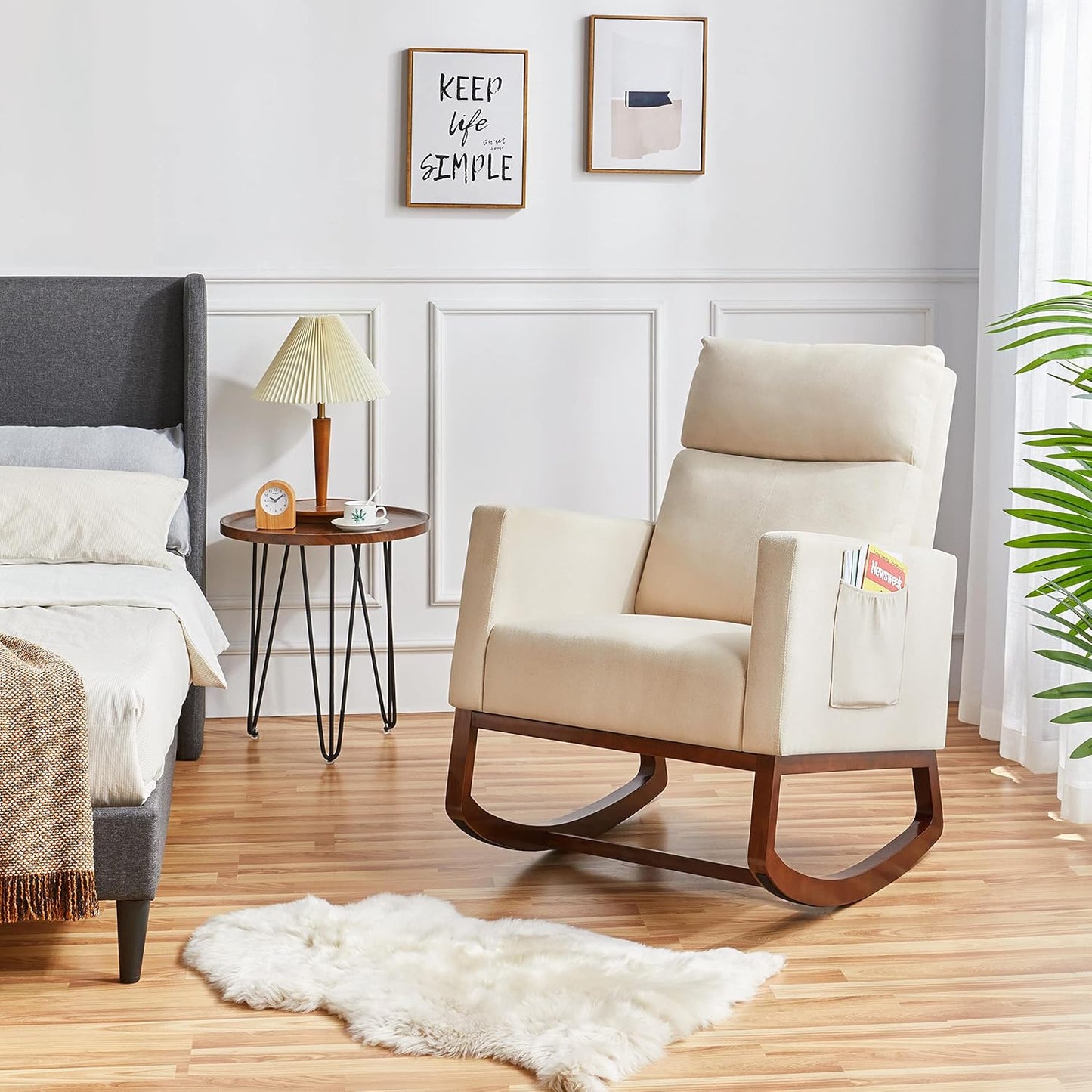 Topeakmart Nursery Rocking Chair, PU Leather Modern Accent Chair with Wood Legs Side Pocket Armchair Glider Rocker for Nursery Living Room Bedroom Lounge, Brown