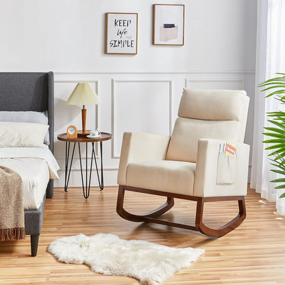 Topeakmart Nursery Rocking Chair, PU Leather Modern Accent Chair with Wood Legs Side Pocket Armchair Glider Rocker for Nursery Living Room Bedroom Lounge, Brown