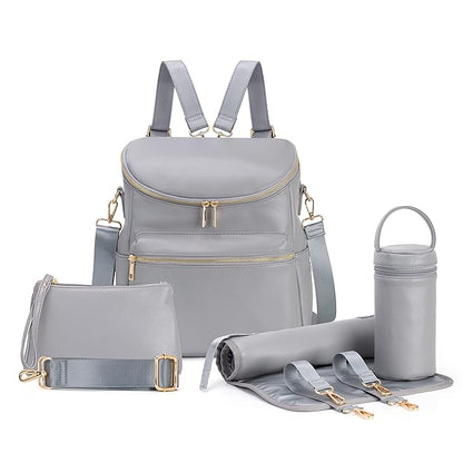 Minsong Diaper Bag Backpack,Fashion Leather Mommy Backpacks,Travel Toddler Baby Diaper Bags with in Bag Organizer and Changing Pad (Dark Grey)