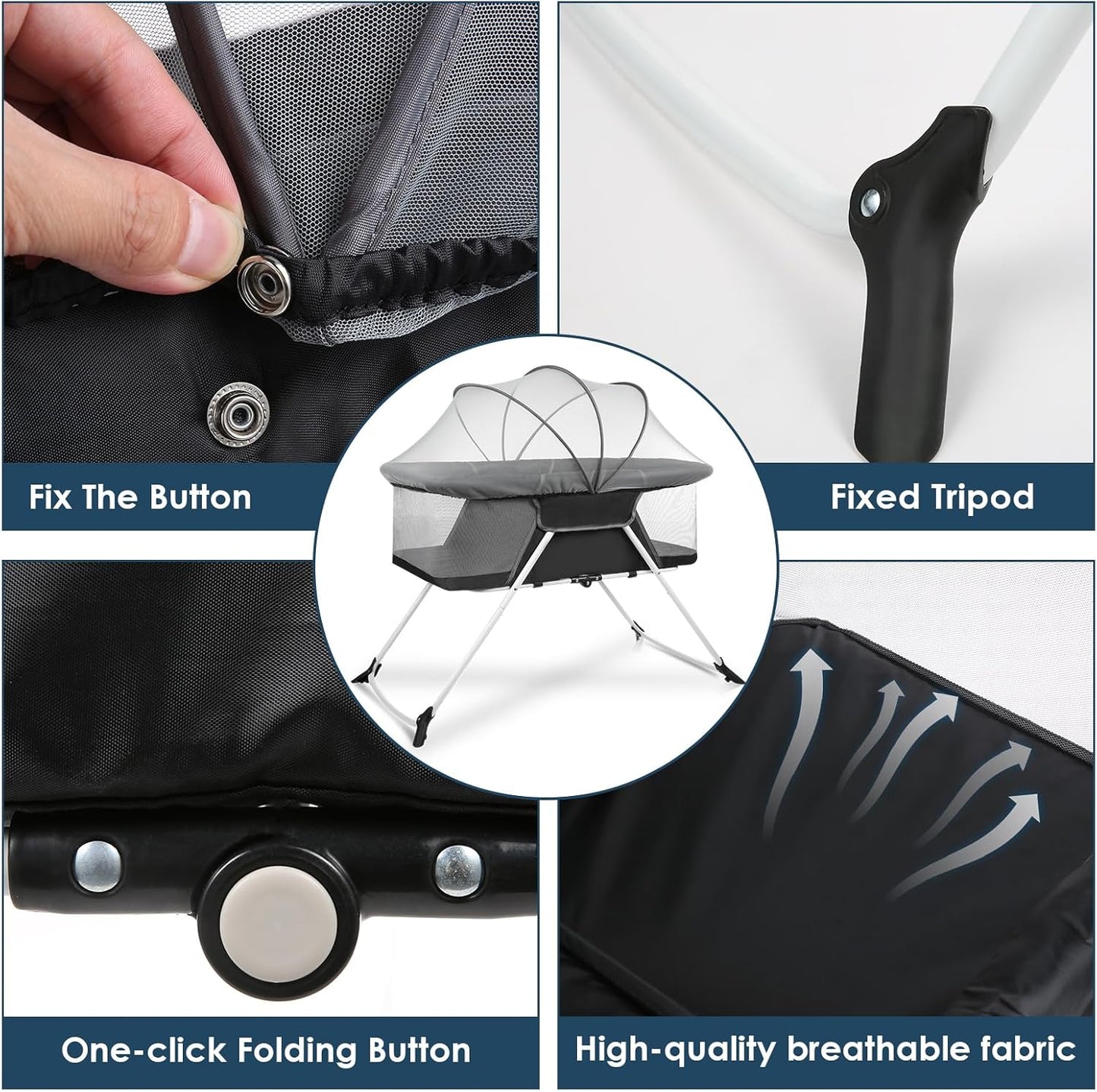 Portable Baby Bassinet - Foldable Bedside Bassinet, Lightweight Playpen with Mosquito Net, 42.5 x 40.2 x 20.8 inches, Black