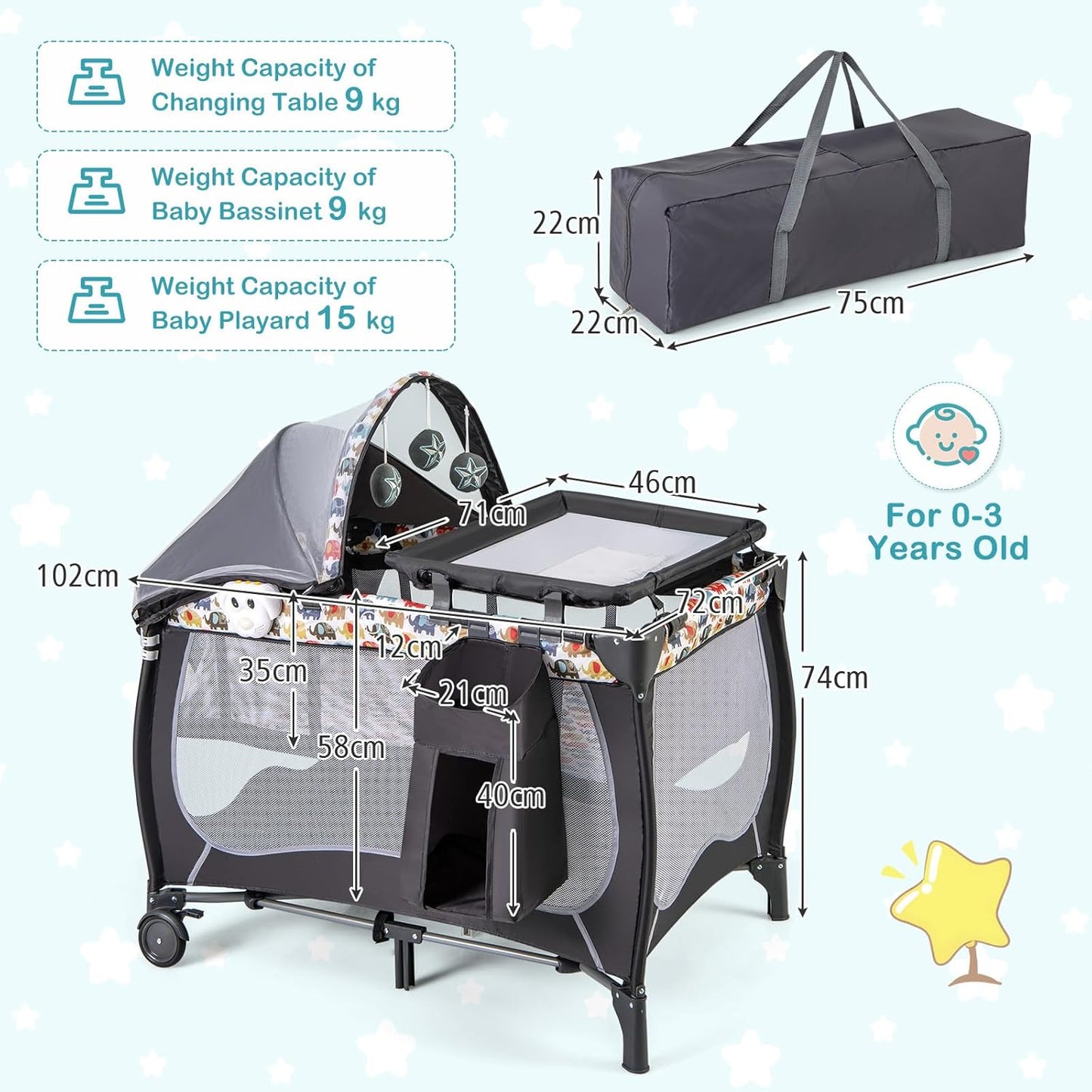 HONEY JOY Pack and Play with Bassinet, 4-in-1 Portable Baby Playard with Changing Table, Net & Cute Toys, Diaper Storage Bag, Music Box, Wheels with Brake, Foldable Newborn Play Yard w/Carry Bag