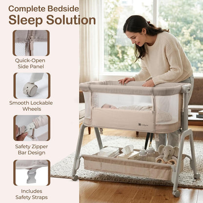 Bedside Bassinet for Baby – Adjustable Height Bedside Sleeper with Full Mesh Sides | 2 Breathable Sheets & Storage Basket | Portable Baby Bassinet for Newborns with Wheels & Bed Attachment