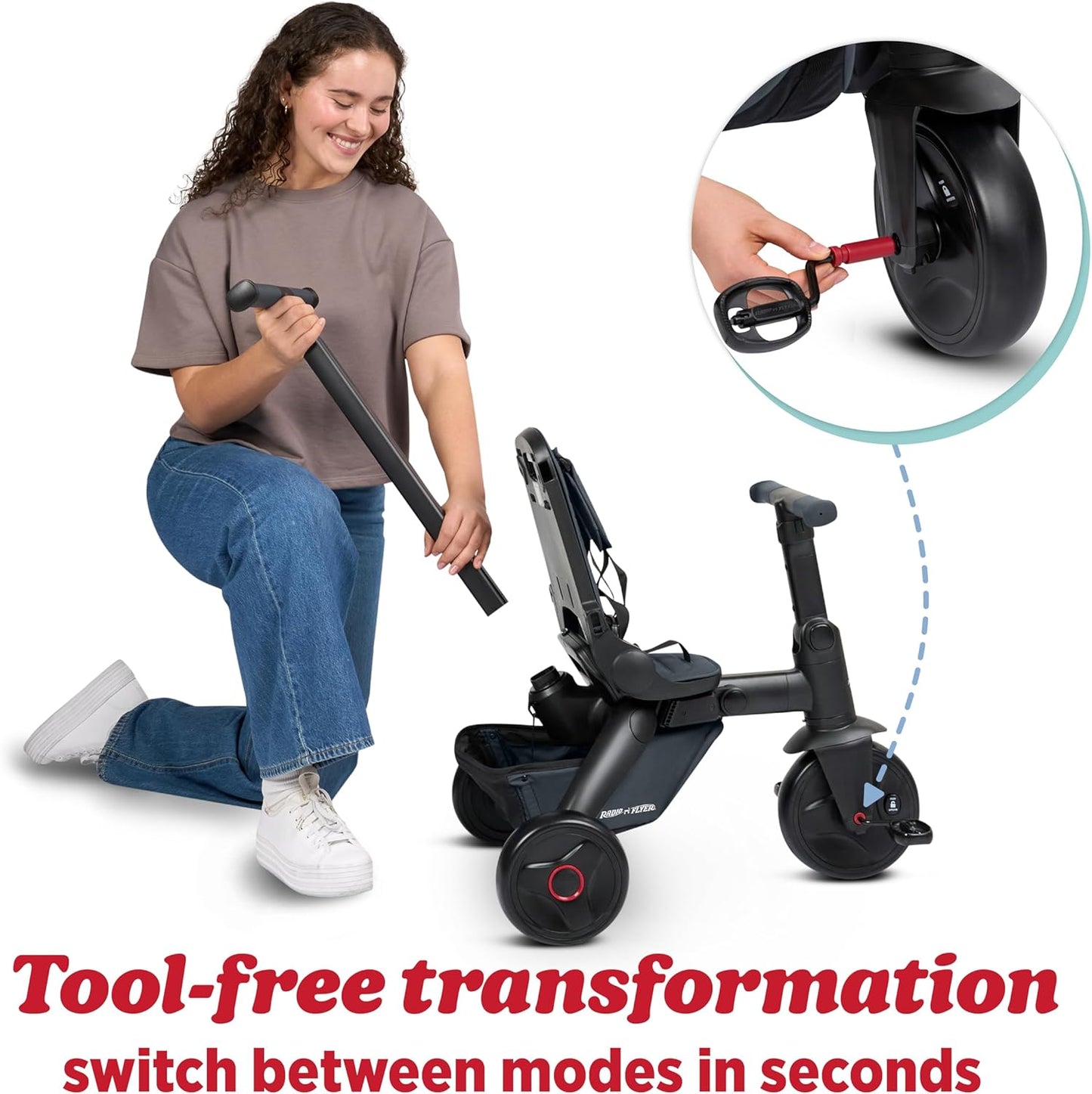 Radio Flyer Coast Folding Stroller Trike, for Kids 6 Months-3 Years, Lightweight, Compact, 4 Riding Modes, UV Canopy, 5Point Harness, Safety Bar, Cup Holder, Storage, Stroller Tricycle for Toddlers