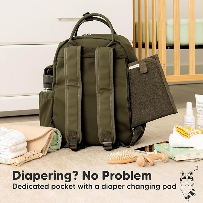 KeaBabies Diaper Bag Backpack - Multifunctional Travel Diaper Back Packs, Maternity Baby Changing Bags, Compact 18L Capacity, PU Leather, Waterproof, Unisex, Nappy Changing Pad (Dark Olive)