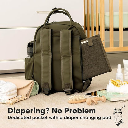 KeaBabies Diaper Bag Backpack - Multifunctional Travel Diaper Back Packs, Maternity Baby Changing Bags, Compact 18L Capacity, PU Leather, Waterproof, Unisex, Nappy Changing Pad (Dark Olive)