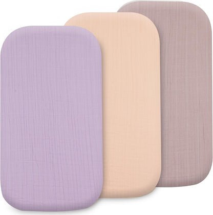 3-Pack Bedside Sleeper Bassinet Sheets | GOTS Certified Organic 100% Muslin Cotton | Ultra Soft & Breathable | 33×20×4” Fitted Sheets | Universal Fit 29–33” x 17–21” Pads
