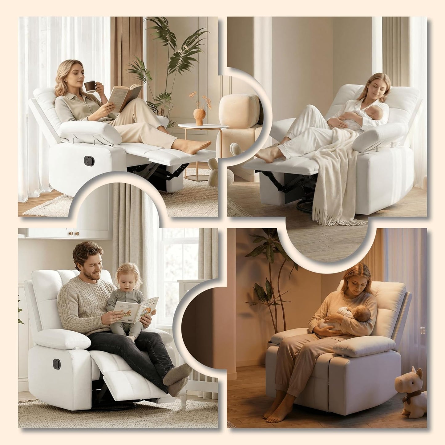 AILEEKISS Nursery Glider Recliner Rocking Chair w/Adjustable Armrests, Oversized 360° Swivel, 30° Rocker, 90°-160° Recline, White Leather Reclining Nursing Living Room Chair for Breastfeeding Bedroom