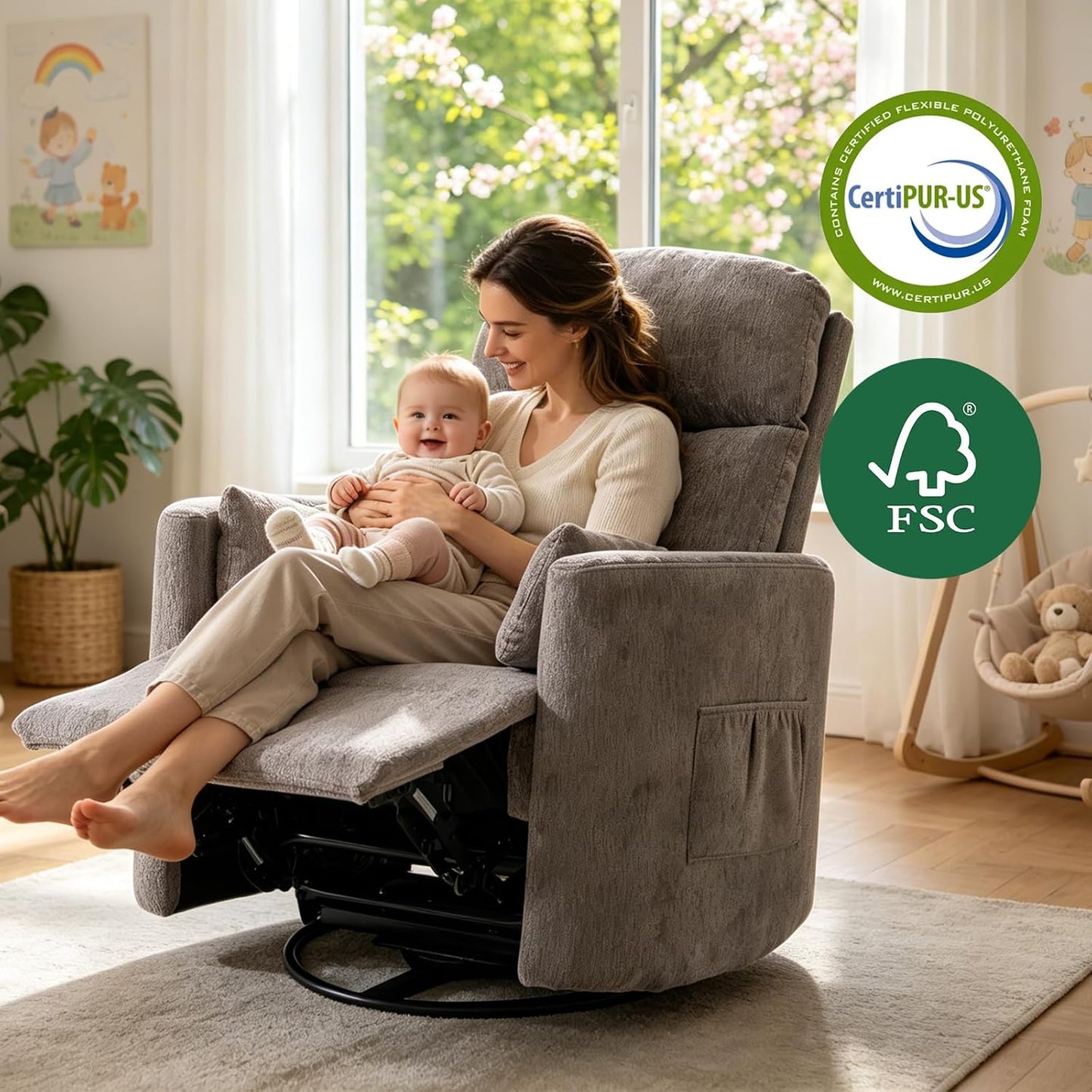 Oversized Swivel Rocker Recliner Chair with Heat and Massage, Rocking Chair with Adjustable Headrest, Manual Recliner, Glider Recliner with 2 Pillows, Chenille White