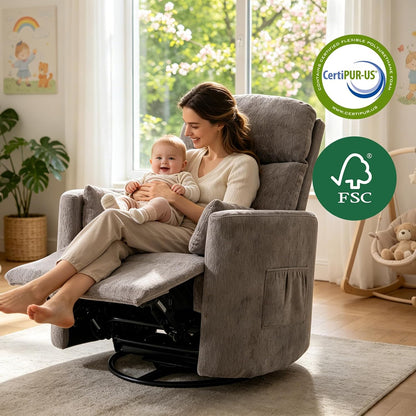 Oversized Swivel Rocker Recliner Chair with Heat and Massage, Rocking Chair with Adjustable Headrest, Manual Recliner, Glider Recliner with 2 Pillows, Chenille White