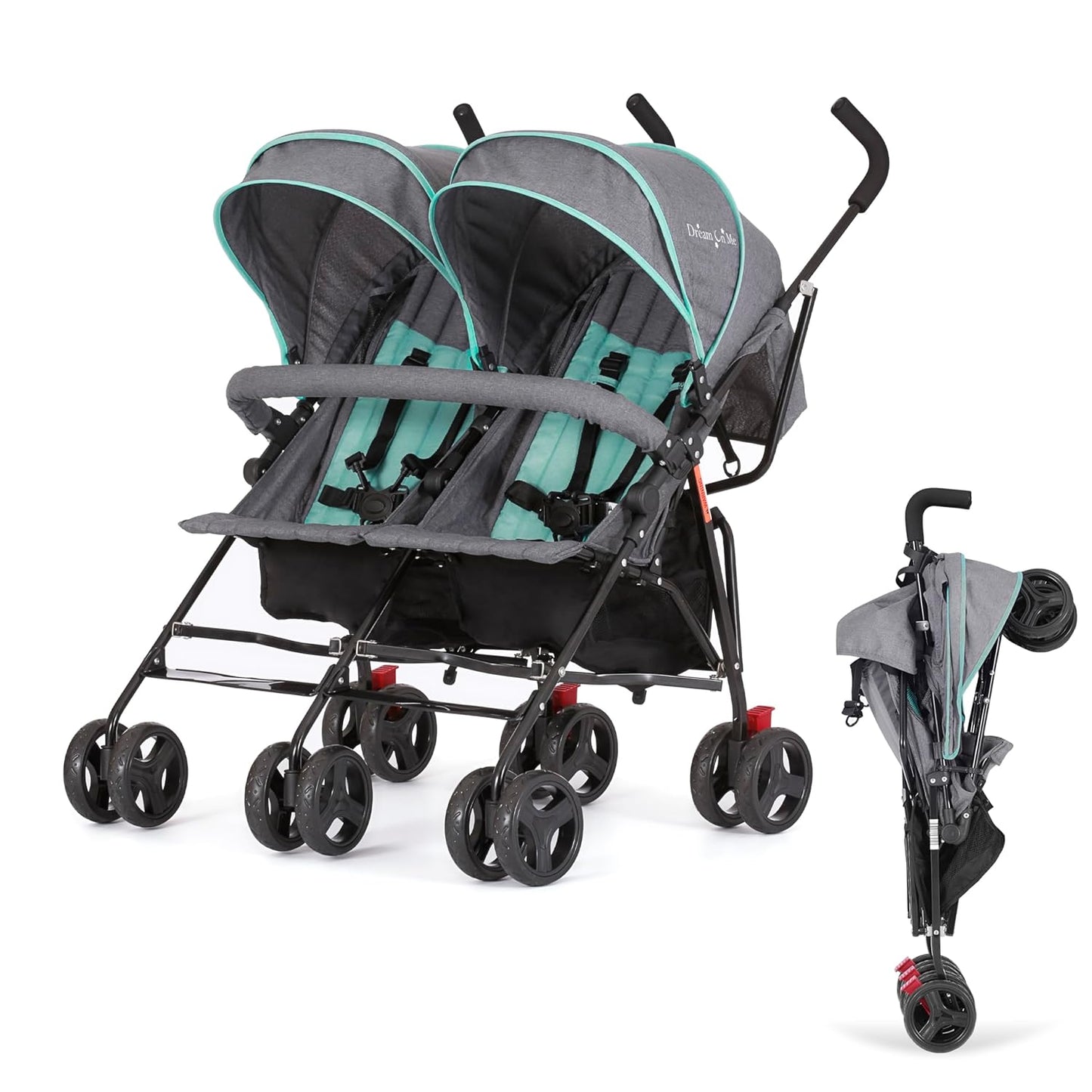 Dream On Me Volgo Twin Umbrella Stroller in Black, Lightweight Double Stroller for Infant & Toddler, Compact Easy Fold, Large Storage Basket, Large and Adjustable Canopy