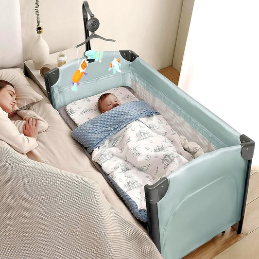 JOYMOR Baby Bassinet, Pack and Play with Bassinet and Carry Bag, Convert to Bedside Sleeper with Wheels for Boys Girls (Green)