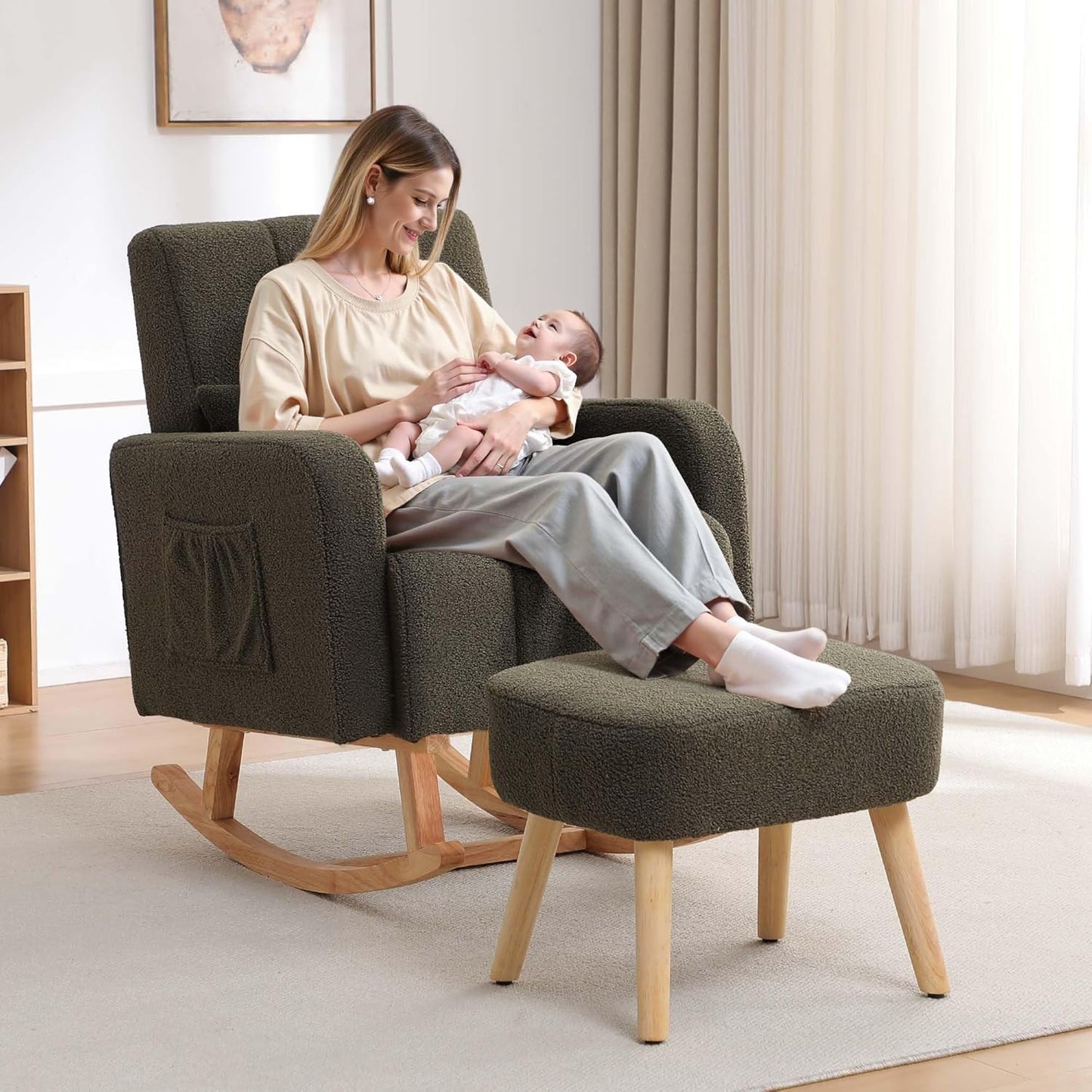 HCHAIRH Nursery Rocking Chair with Ottoman, Upholstered Glider Rocker with High Backrest Side Pocket, Rocking Accent Armchair with Solid Wood Legs for Nursery, Living Room, Bedroom, Light Grey