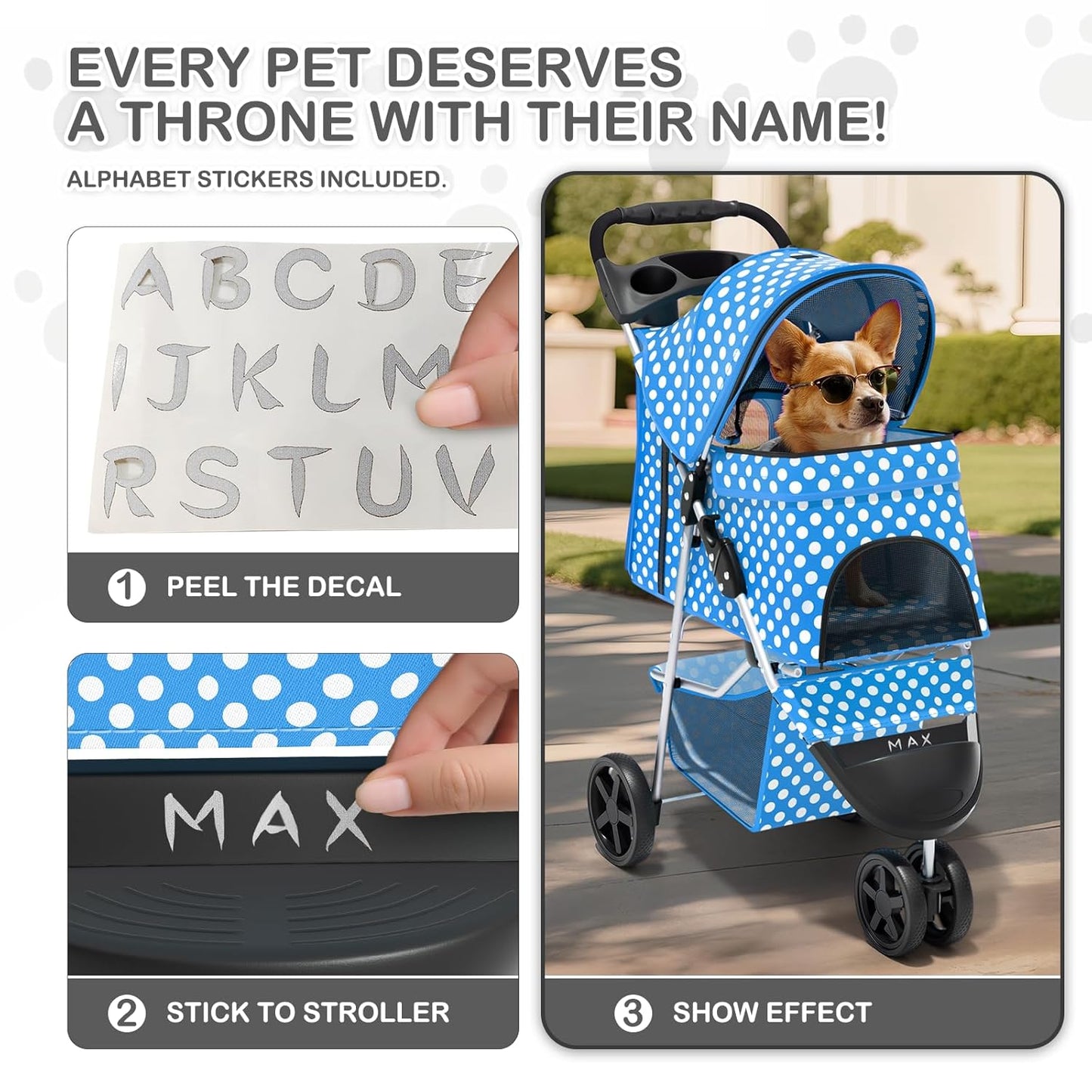 MoNiBloom Foldable Pet Stroller with Weather Cover, 3 Wheels Pet Strolling Cart for Small/Medium Dogs and Cats with Storage Basket and Cup Holder, Breathable and Visible Mesh for All-Season, Black