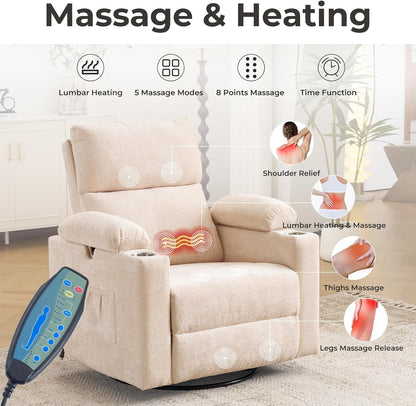 Rocking Chair Nursery with Adjustable Armrests, Electric Glider Recliner Nursing Chair for Breastfeeding, Power Swivel Recliner Chairs with Massage and Heat, Adjustable Headrest , FSC Certified, White