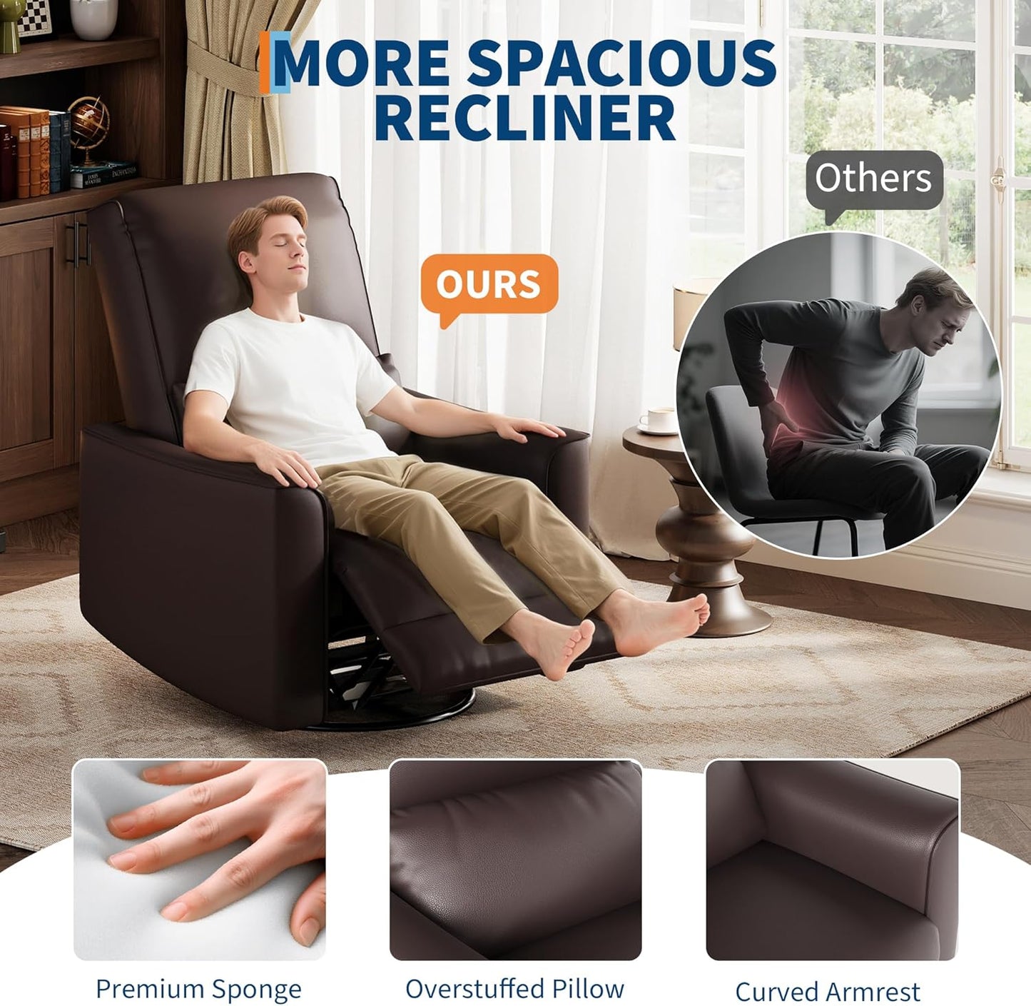 IDEALHOUSE Swivel Rocking Nursery Recliner Chair Rocker Recliner Glider Deep Seat PU Leather Sofa Chair with high Backrest for Nursery, Living Room, Bedroom & Home Movie Theater (Chocolate)