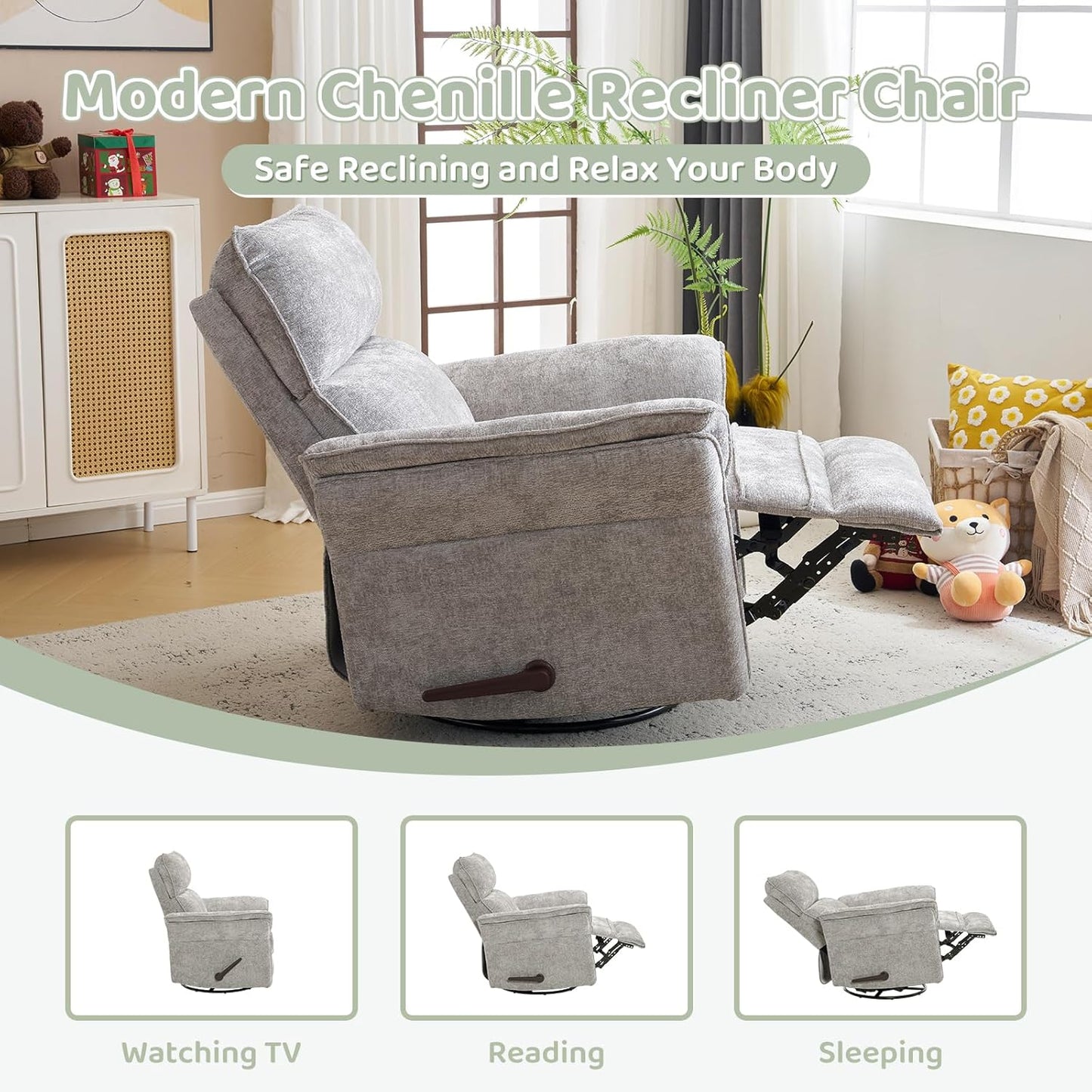 Oversized Swivel Rocker Recliner with Adjustable Headrest, Rocking Chair Nursery with Overstuffed Armrest, Manual Rocker Recliner Nursery Chair for Living Room, White