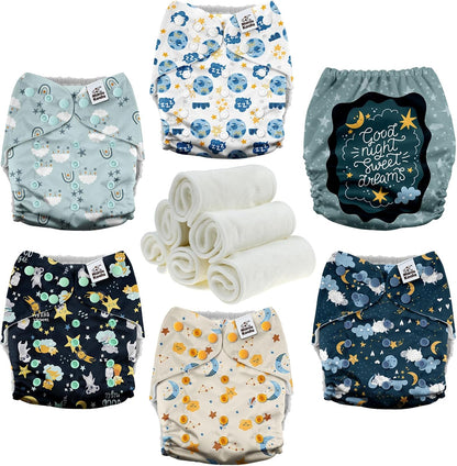 Mama Koala 3.0 Pocket Cloth Diapers for Babies with AWJ Lining, 6 Pack with 6 4-Layer Natural Cloth Diaper Inserts - Reusable and Washable Pocket Diapers(Hardworking Bees) - Colors B