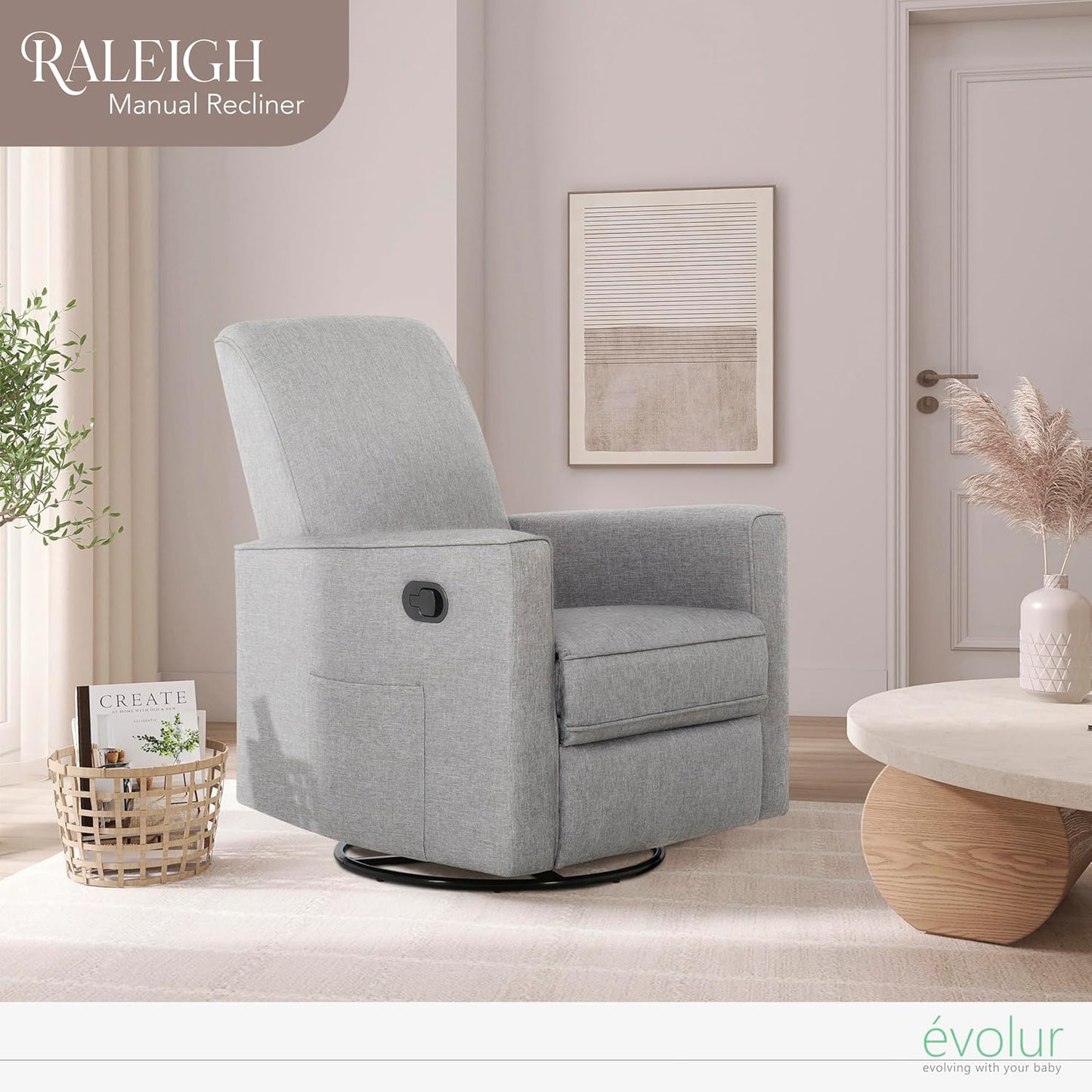 Evolur Raleigh Upholstered Manual Glider Recliner– Rocking & 360° Swivel with Smooth Glide – Greenguard Gold & FSC Certified – Modern Nursery and Living Room Chair in Light Sand