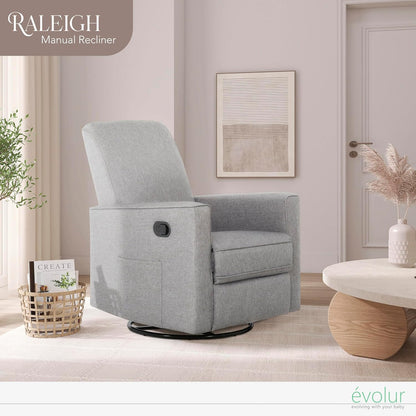 Evolur Raleigh Upholstered Manual Glider Recliner– Rocking & 360° Swivel with Smooth Glide – Greenguard Gold & FSC Certified – Modern Nursery and Living Room Chair in Light Sand