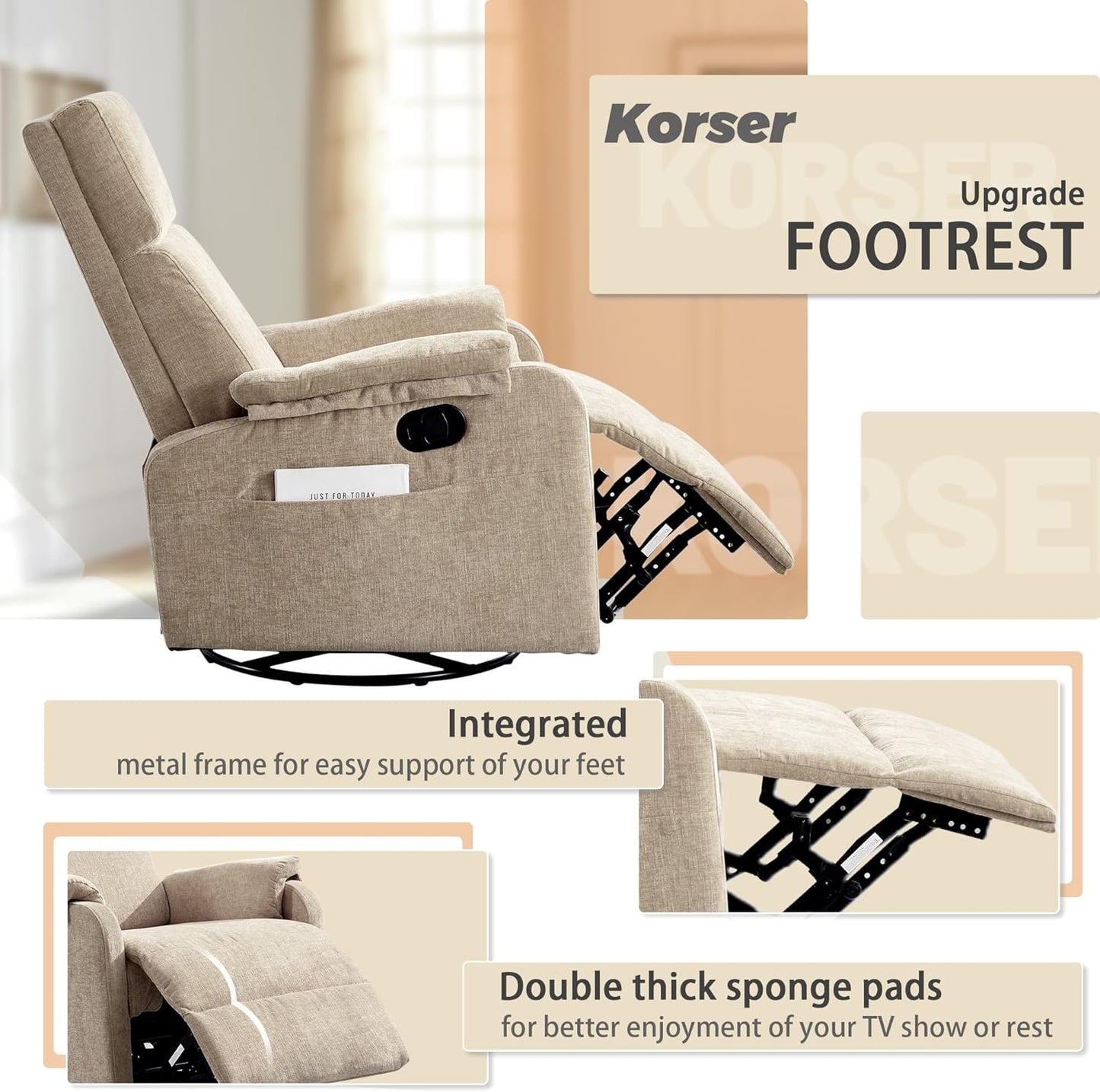 Korser Recliner Chair, Swivel Rocking Recliner Chair for Adults, Glider Rocking Chair, Small Nursery Chair Recliner for Living Room, Reclining Chair with Modern-Designed Armrests, Chenille, Beige