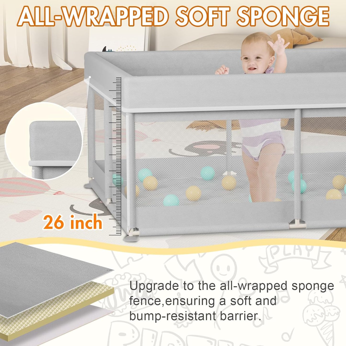Omzer Baby Playpen with Mat 71"×59" - Extra Large Playpen for Babies and Toddlers with Mat Included, Safety Playard for Baby with Gate, All-Wrapped Soft Sponge Baby Gate Playpen with Stable Mat Velcro