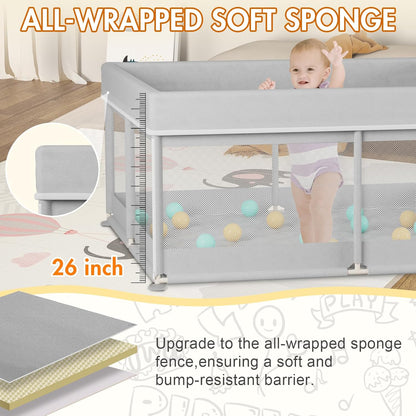 Omzer Baby Playpen with Mat 71"×59" - Extra Large Playpen for Babies and Toddlers with Mat Included, Safety Playard for Baby with Gate, All-Wrapped Soft Sponge Baby Gate Playpen with Stable Mat Velcro
