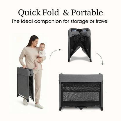 Evolur Zane Portable Playard with Instant Fold, Removable Mattress Cover & Full-Size Zipper Bassinet – Lightweight Travel Crib for Infant (0–18 Months) Grey