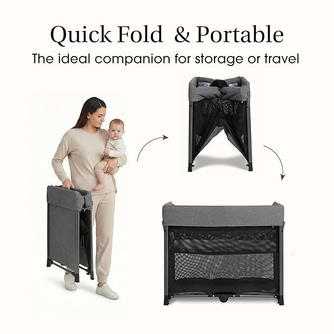 Evolur Zane Portable Playard with Instant Fold, Removable Mattress Cover & Full-Size Zipper Bassinet – Lightweight Travel Crib for Infant (0–18 Months) Grey
