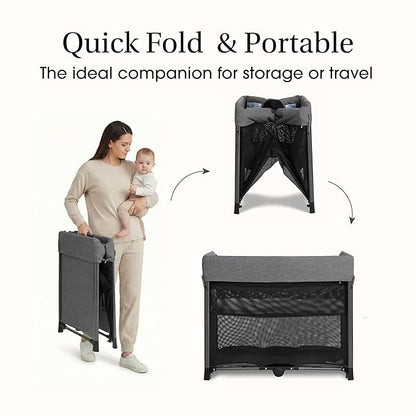 Evolur Zane Portable Playard with Instant Fold, Removable Mattress Cover & Full-Size Zipper Bassinet – Lightweight Travel Crib for Infant (0–18 Months) Grey