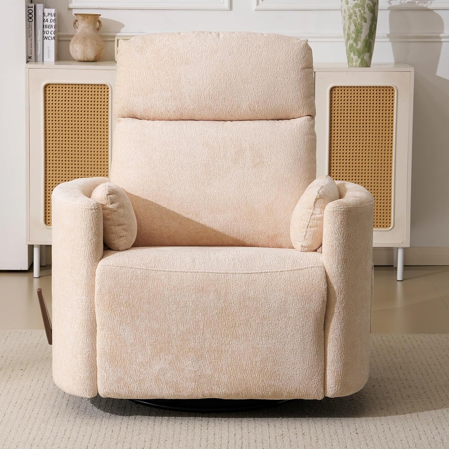 Oversized Swivel Rocker Recliner Chair with Heat and Massage, Rocking Chair with Adjustable Headrest, Manual Recliner, Glider Recliner with 2 Pillows, Chenille White