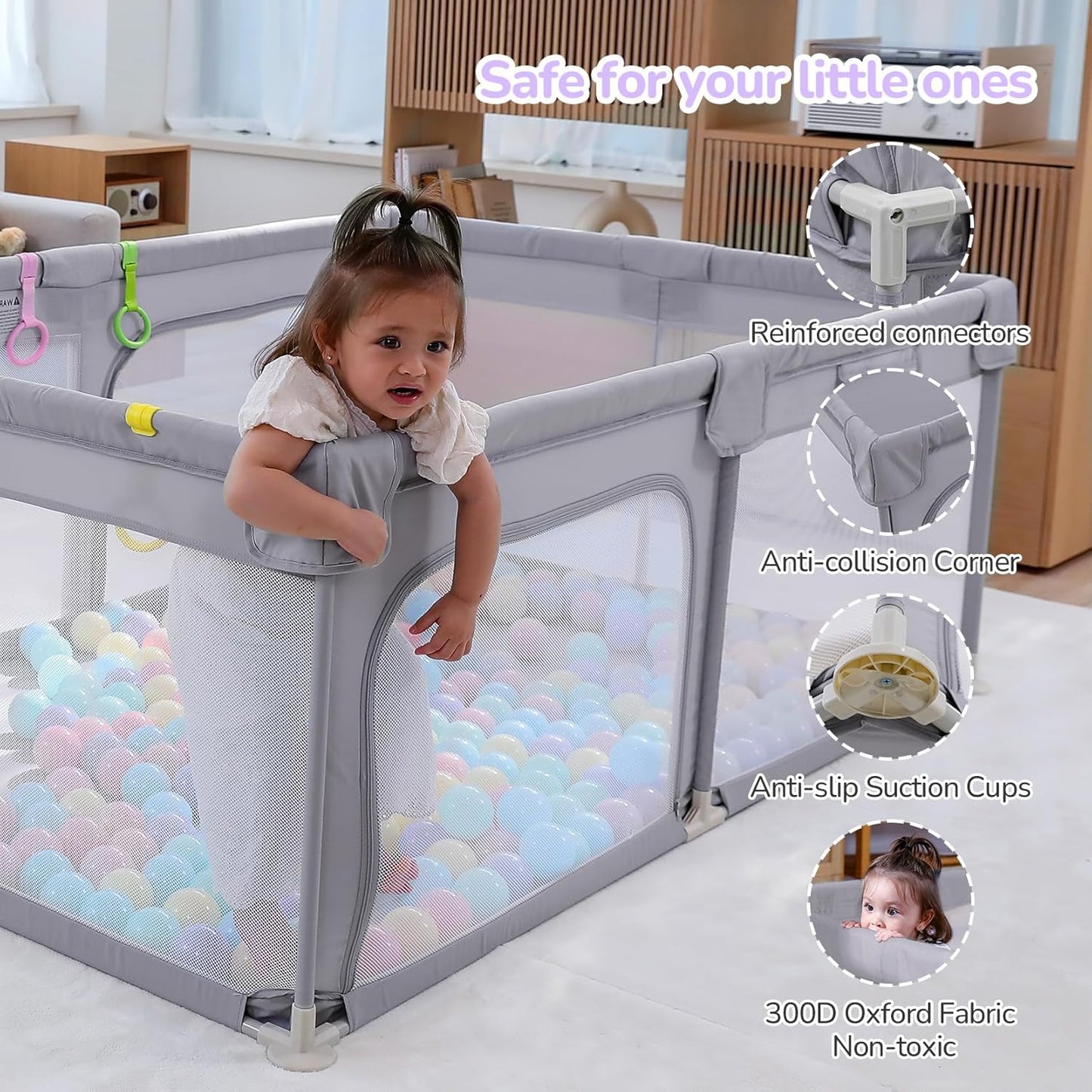 Dripex Baby Playpen, 47"x47" Small Playpen for Babies, Enhanced Safety Baby Play Yard for Indoor & Outdoor, Infant Play Pen with Soft Breathable Visible Mesh, Anti-Fall Design & Easy Setup, Grey