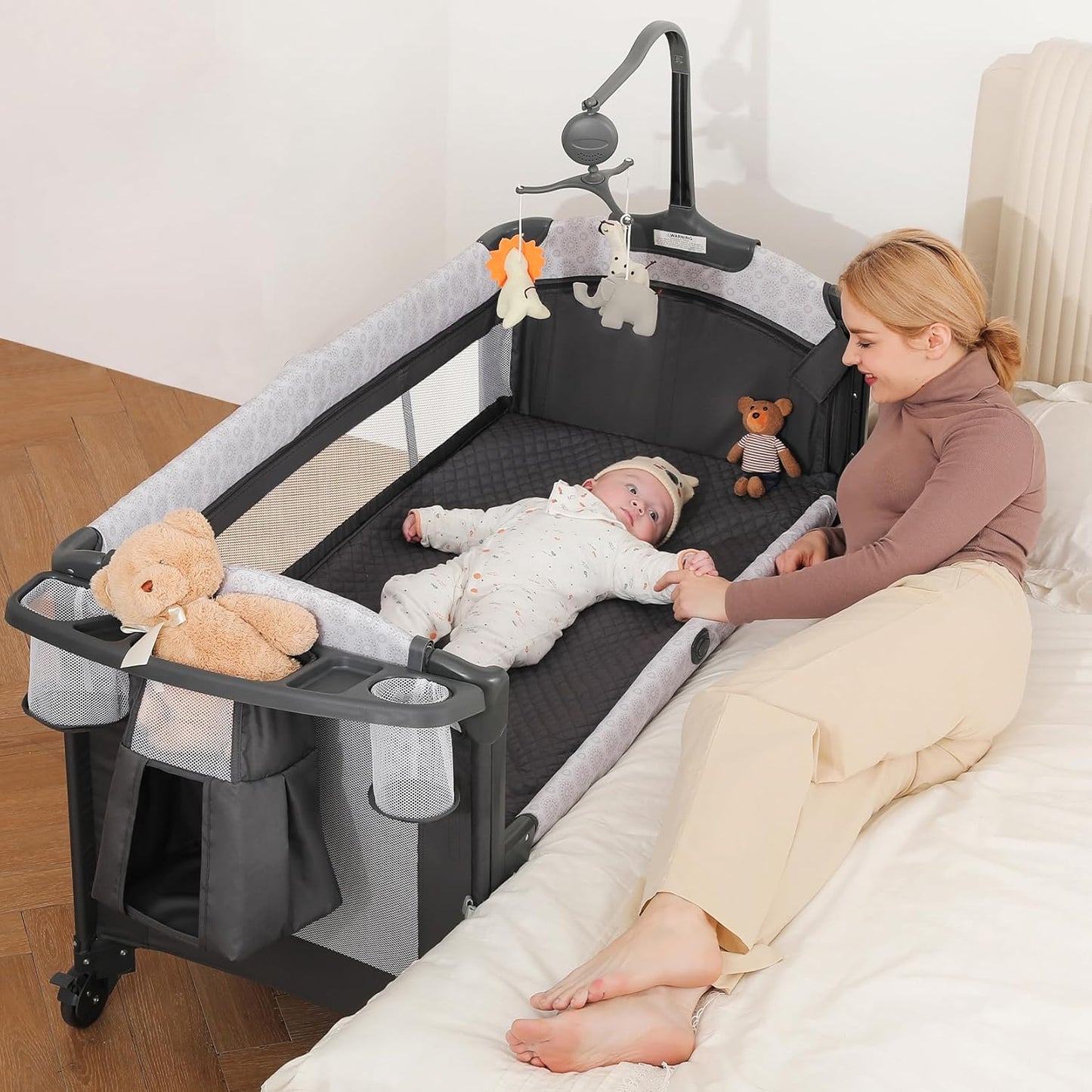 ELEMARA Wide Baby Bassinet Bedside with Diaper Changer,Long Next to Bed Crib with Mattress,Sheet,Music, Playpen Travel Bed with Storage (3 in 1 Baby Bassinet, 3 in 1 Full)