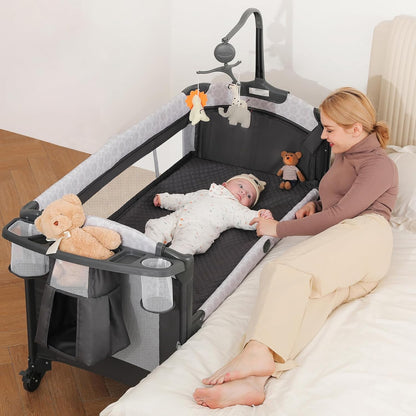 ELEMARA Wide Baby Bassinet Bedside with Diaper Changer,Long Next to Bed Crib with Mattress,Sheet,Music, Playpen Travel Bed with Storage (3 in 1 Baby Bassinet, 3 in 1 Full)